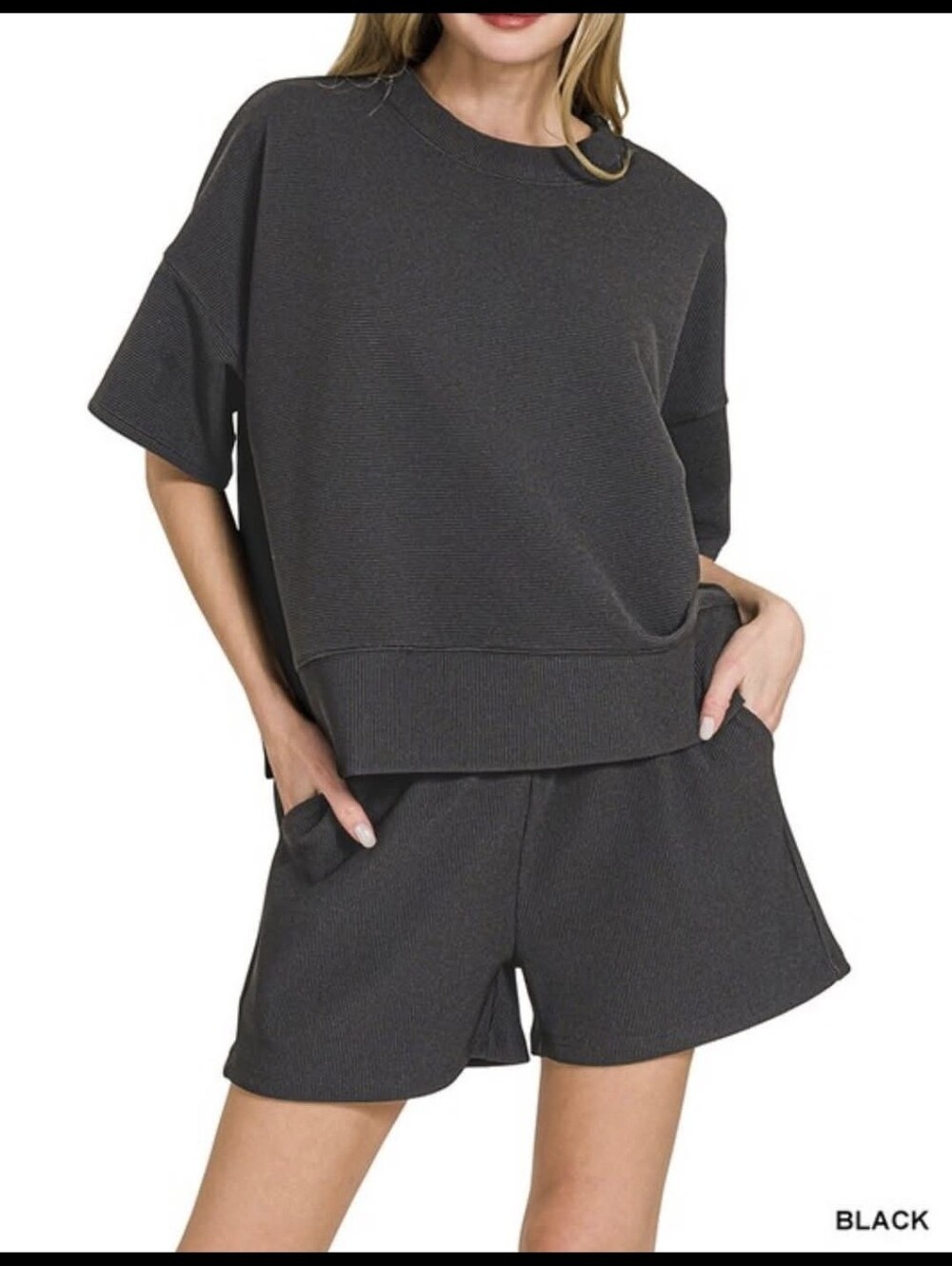 New Zenana Ribbed Casual Short Sleeve Sweatshirt & Shorts Set Super Soft Size M